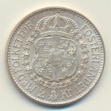 Zweden. Gustaf V. 2 Kronor 1938 (Zonder minimumprijs), Gestempeld