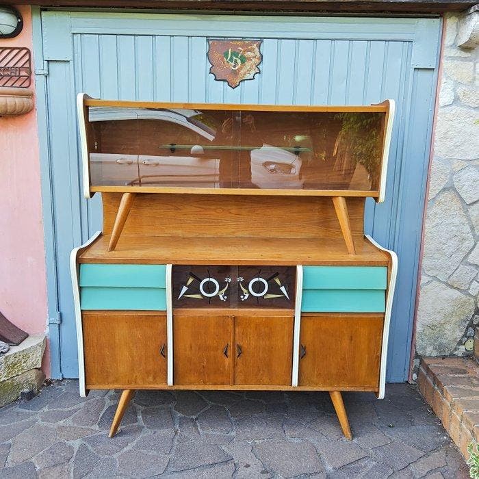 Credenza - Hout, Glas - Keukenkast sideboard in de stijl van, Antiek en Kunst, Kunst | Designobjecten