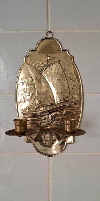 Kandelaar - Koper - Wandkandelaar zeilschip, Antiek en Kunst, Curiosa en Brocante