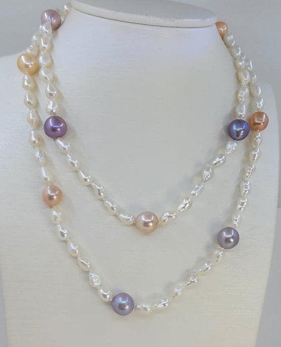 Zonder minimumprijs - Halsketting 6x11 mm roze en witte, Bijoux, Sacs & Beauté, Colliers