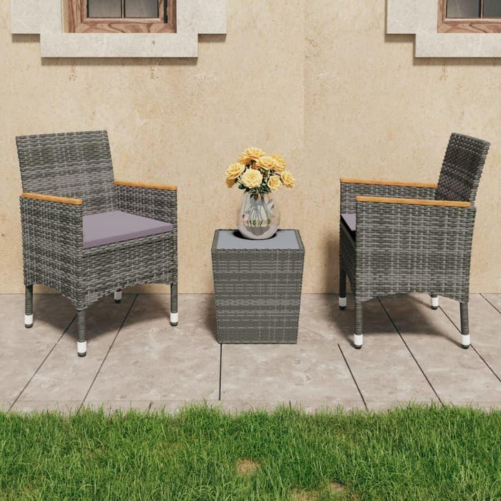 vidaXL 3-delige Bistroset poly rattan en gehard glas grijs, Tuin en Terras, Tuinsets en Loungesets, Nieuw, Verzenden