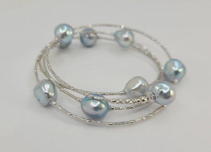 Armband - 18 karaat Witgoud, 8x9 mm zilveren Akoya parels, Bijoux, Sacs & Beauté, Bracelets