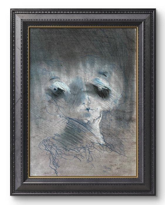 Robert Detheux (1932-2010) - Portrait surréaliste aux yeux, Antiquités & Art, Curiosités & Brocante