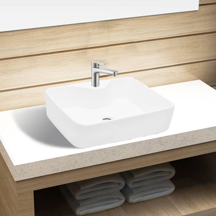vidaXL Wastafel met kraangat wit vierkant keramiek, Doe-het-zelf en Bouw, Sanitair, Nieuw, Verzenden