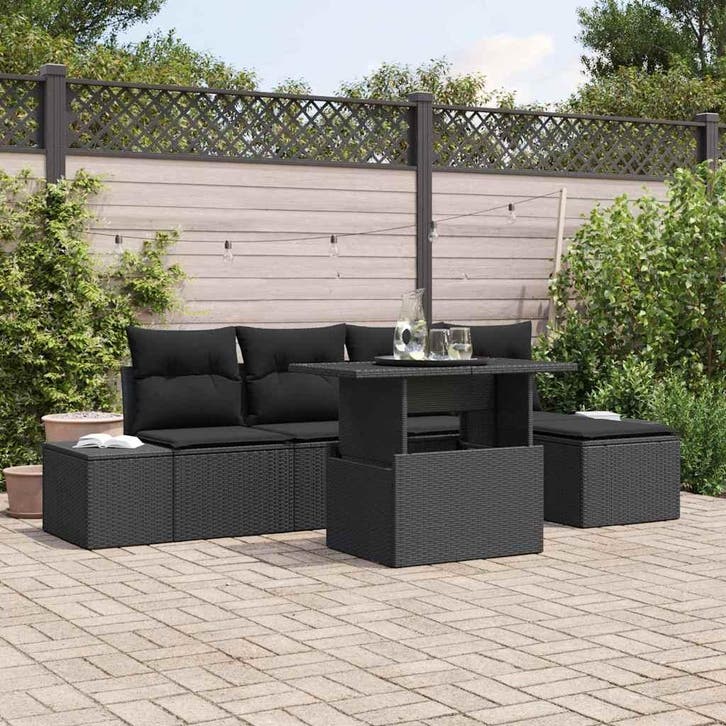 vidaXL Tuinbank Set 6 st Zwart poly rattan, Tuin en Terras, Tuinsets en Loungesets, Nieuw, Verzenden