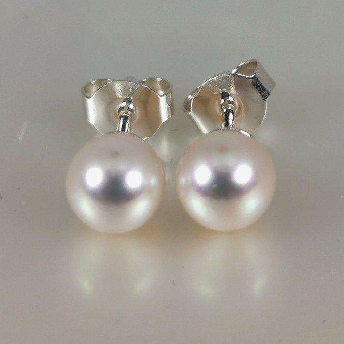 Zonder minimumprijs - Oorbellen Zilver Parel - Akoya RD Ø, Handtassen en Accessoires, Oorbellen