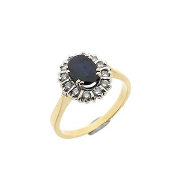 Gouden ring met saffier en diamanten; 0,24 ct., Handtassen en Accessoires, Ringen, Gebruikt, 19 tot 20, Ophalen of Verzenden, Met edelsteen