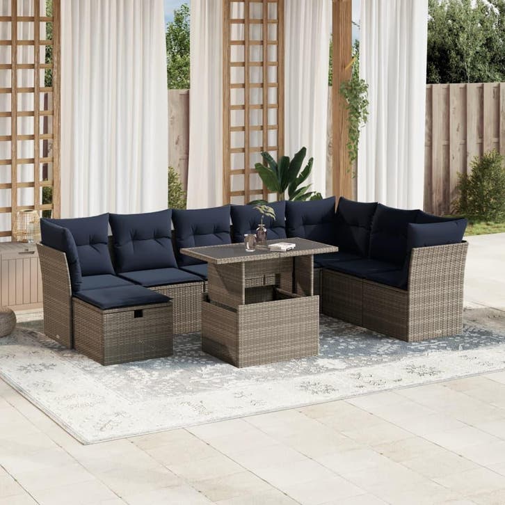 vidaXL 9-delige tuinbankset met kussens, grijs polyrotan, Tuin en Terras, Tuinsets en Loungesets, Nieuw, Verzenden