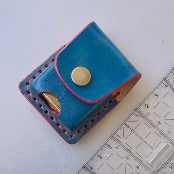 Zippo - Handmade Genuine leather ocean blue-red stitch case