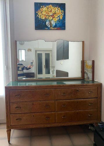 Commode - Métal, Bois, Verre - À six tiroirs en placage,