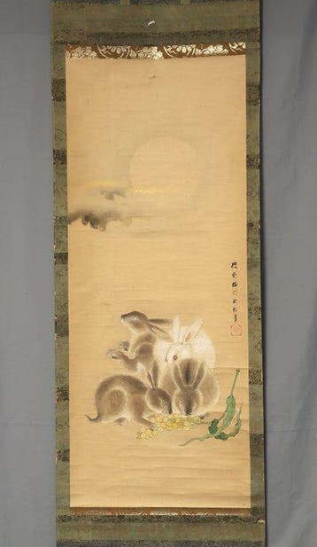 Lapin sous la lune, signé par Kan Baiken Norinobu - Papier