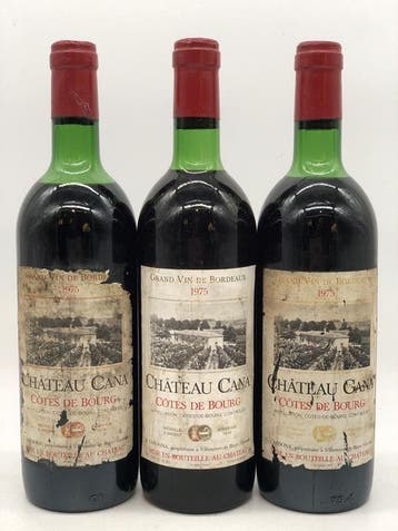 3 x 75cl Chateau Cana Cotes de Bourg 1975 (Bordeaux, rood), Ophalen of Verzenden, Rode wijn