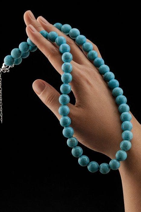 Zilver, Elegante turkoois kralenketting - Blauwe edelsteen,, Verzamelen, Mineralen en Fossielen
