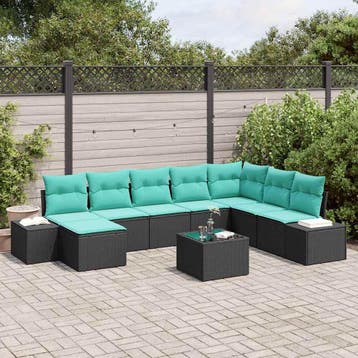 vidaXL Tuinbank Set 8 st Zwart en Turkoois poly rattan, Tuin en Terras, Verzenden, Nieuw