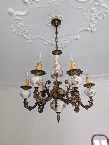 Lustre - Bronze - porcelaine peinte, Antiek en Kunst