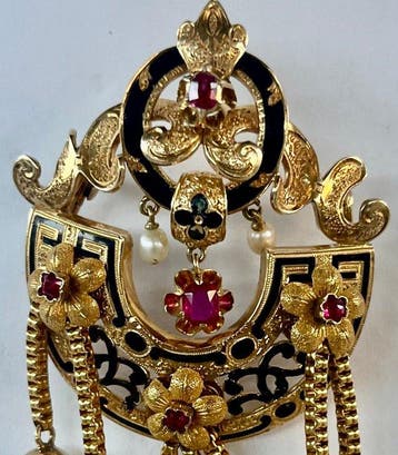 Broche - 18 karaat Geel goud - 0.45ct. tw. Robijn - Parel, Handtassen en Accessoires