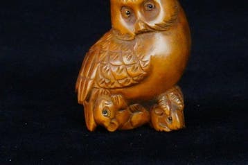 Absolute veiling - Japanse boxhout netsuke Uil en Muizen -