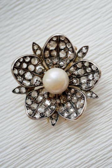 Broche - 18 carats Or jaune, Argent - 3.75ct. tw. Perle -