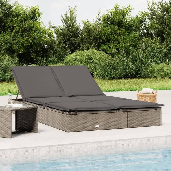 vidaXL Ligbed met kussens 2-persoons poly rattan grijs, Jardin & Terrasse, Chaises longues, Envoi