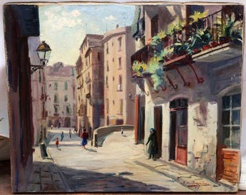 Joan Marín Barberán (1920-2016) - Escena cotidiana de pueblo, Antiek en Kunst