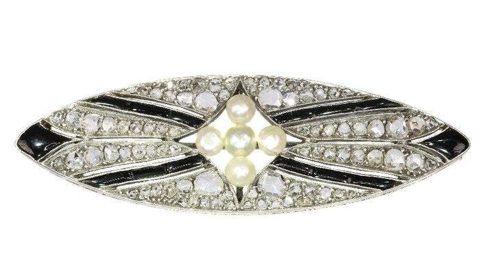 Broche - 18 karaat Roségoud Diamant (Natuurlijk) - Onyx -, Handtassen en Accessoires, Antieke sieraden