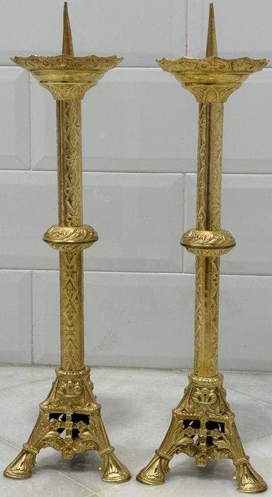 Kaarsenhouder (2) - Verguld brons - Set van twee kerkelijke, Antiquités & Art, Art | Art non-occidental