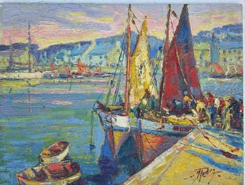 Franse school (XIX) - Scène de port de pêche en Bretagne, Antiquités & Art
