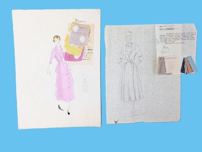 Maggy Rouff (1896-1971) - 2 Dibujos originales y muestra de, Antiquités & Art, Art | Peinture | Classique