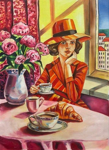 Camilo 70 x 100 - Díptico de una Mañana: Gato, Flores y Café