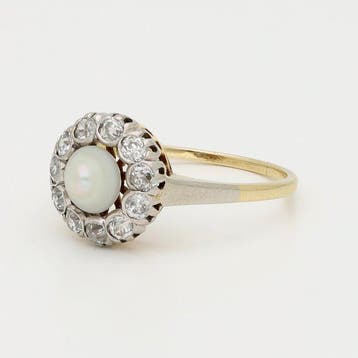 Ring - 14 karaat Geel goud, Platina Parel - Diamant, Handtassen en Accessoires, Ringen, Nieuw