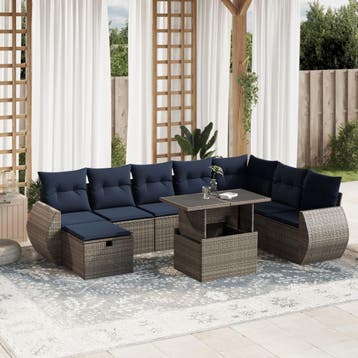 vidaXL 9-delige tuinbankset met kussens, grijs polyrotan, Verzenden, Nieuw
