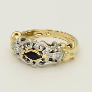 Bague - 18 carats Or jaune, Or blanc Saphir - Diamant