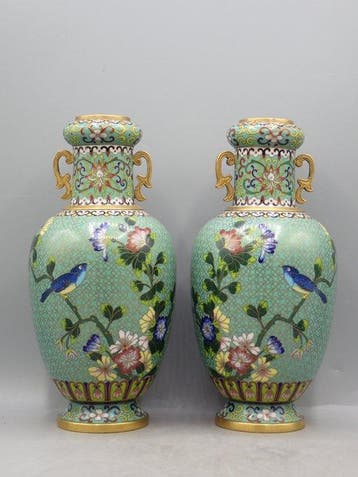 Vase - Émail - Chine - Cloisonné - poignées dorées (Sans