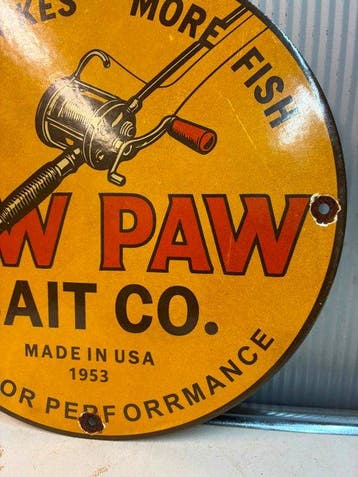 Paw Paw Bait Co. – Rond Emaille Reclamebord – Hengelsport -