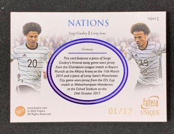 Futera Nations Serge Gnabry, Leroy Sane /12 Carte souvenir,, Nieuw