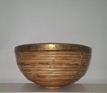 Mand - Messing, Rattan - Mand van rotin met een messingrand, Antiek en Kunst