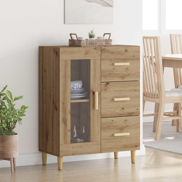 vidaXL Dressoir Artisan Eiken 69,5 x 34 x 90 cm Bewerkt hout, Huis en Inrichting, Kasten | Dressoirs, Nieuw, Verzenden