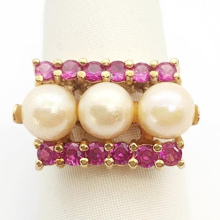 Ring - 18 karaat Geel goud Parel - Robijn, Handtassen en Accessoires, Ringen