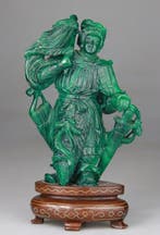 Guandi-krijger-statuette – houten sokkel gesculptuurd -, Antiek en Kunst