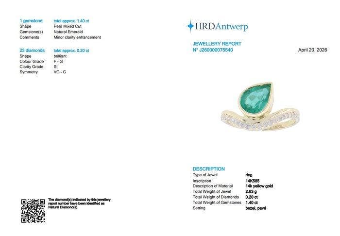 Ring - 14 karaat Geel goud - 1.60ct. tw. Smaragd - Diamant, Bijoux, Sacs & Beauté, Bagues