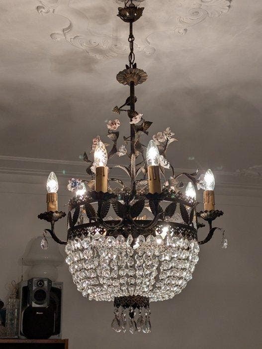 Lustre - fer forgé , cristal - Roselline en céramique, Antiquités & Art, Antiquités | Autres Antiquités