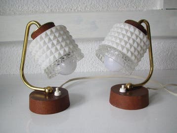 Lampe de table - Bois de teck, laiton, verre - Ensemble de