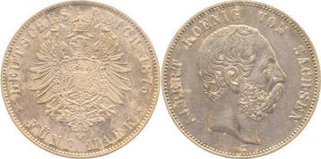 Duitsland 5 Mark Albert Sachsen 1875 E vorzueglich leicht..., Verzenden, België