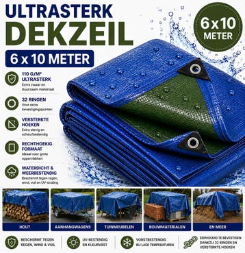 Dekzeil 6 x 10 m, 110 g/m² ultrasterk, 32 ringen, verster.., Doe-het-zelf en Bouw, Zeil en Folie, Ophalen of Verzenden, Nieuw