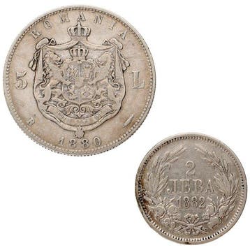 Roumanie, Bulgarie. 2 Leva, 5 Lei 1880/1882 (2 stuks) (Sans