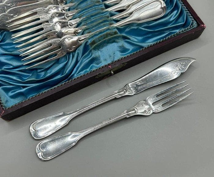 Ménagère à poisson pour 6 personnes - Argent 800 - Ensemble, Antiquités & Art, Antiquités | Argent & Or