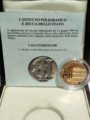 Italië. Lire 100.000 1993, Centenario Banca dItalia, (15g