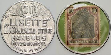 50 Pfennig ohne Jahr Hamburg Lisete Likoer U Cacao-stube, Postzegels en Munten, Verzenden