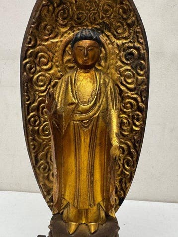 Statue bouddhiste vintage en bois, dorure à la feuille d’or,, Antiquités & Art