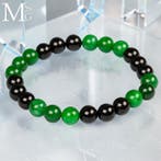 Elastische armband met natuurlijke groene jade en zwarte